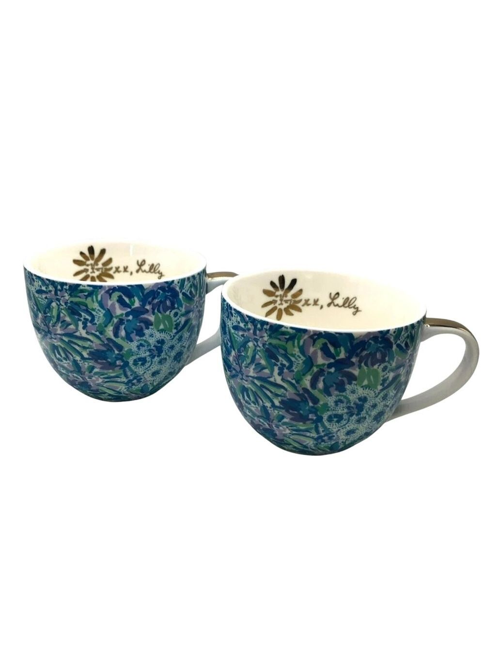Set of 2 Lilly Pulitzer 12 oz Floral  Blue Purple Gold Trim Coffee Mug